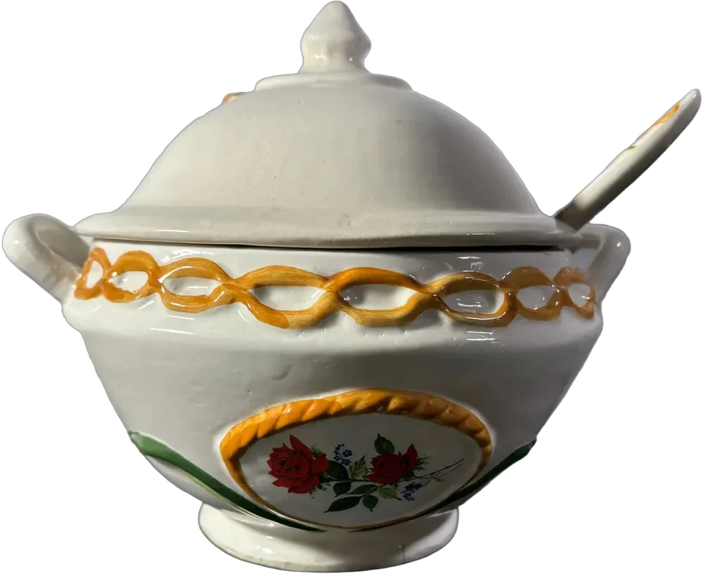 Antigua Sopera De Cerámica Decorada Flores