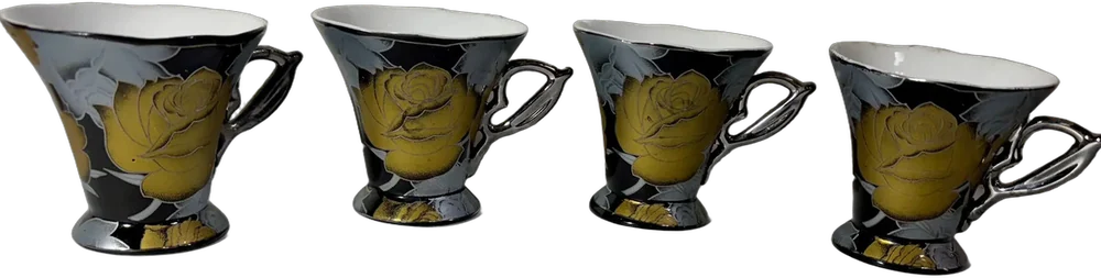 Antiguas Tazas Porcelana Gold Plated 24 Kt Japón Oro, Plateado, Negro Rosas