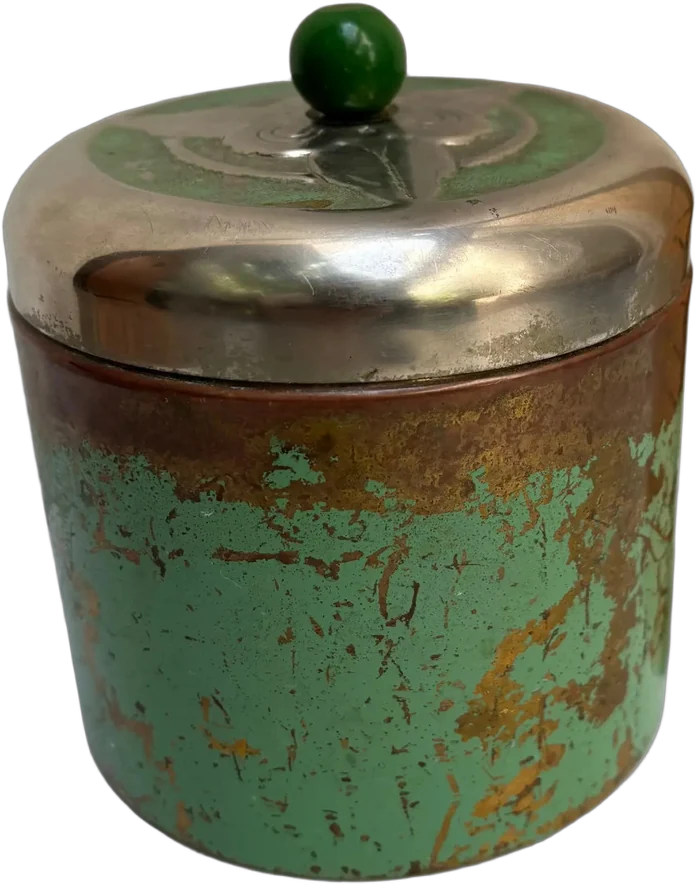 Antigua Caja De Broncee Humidificador Tabaco, Pátina Natural Verde Flor Tres Pétalos O Tres Hojas — imagen 1