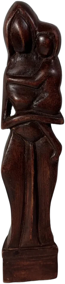 Escultura Artesanal Tallada En Madera Madre E Hijo Marrón Oscuro