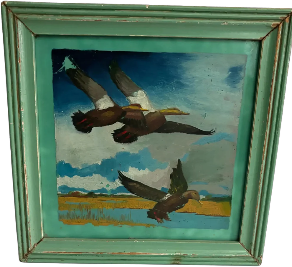 Antiguo Cuadro Patos En Vuelo Pintura Sobre Cerámica Multicolor Azul Claro