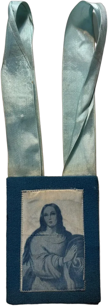 Antiguo Escapulario Mariano Grabado Sobre Tela Azul Cielo