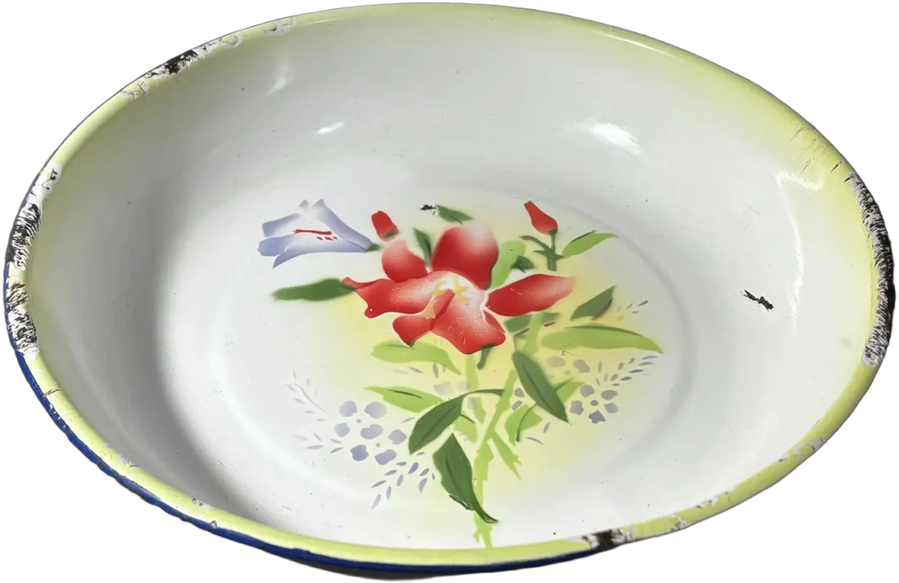 Antiguo Platos, Panera, Frutero Peltre Con Flores Multicolor Flores