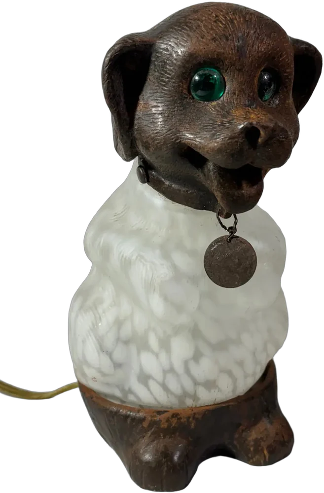 Vintage Lámpara Forma Perro Hiero Viejo Y Cristal Blanco
