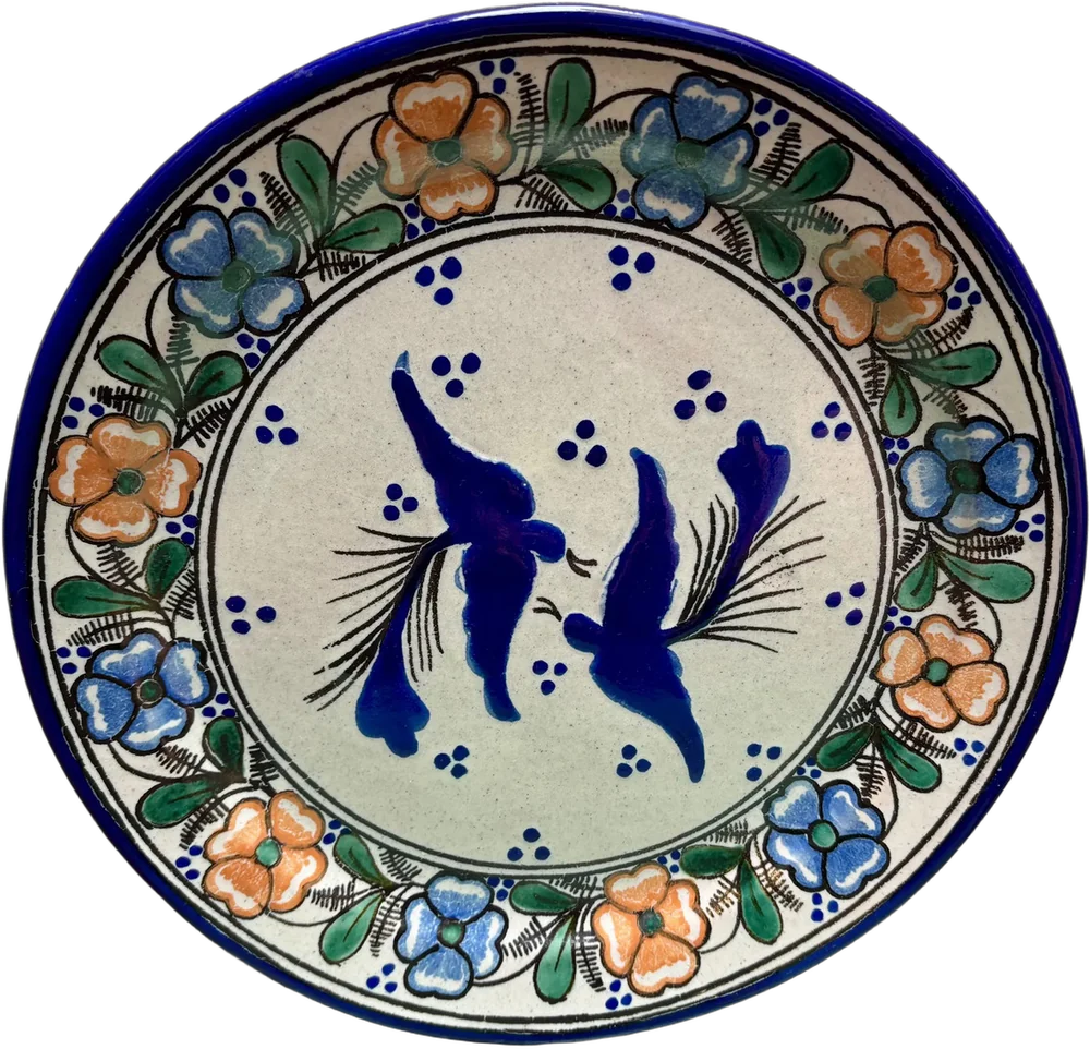 Vintage Plato Decorativo Dos Aves Talavera Uriarte Multicolor Flores Y Aves