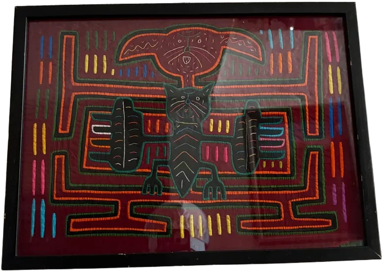 Cuadro Bordado Textil Mola Étnico Colombia Rojo Negro
