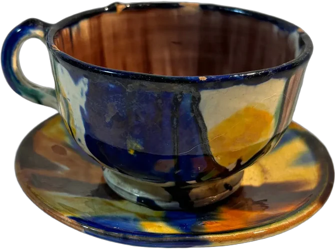 Taza Y Plato De Cerámica Vidriada Estilo Tonalá Vintage Azul Tonala