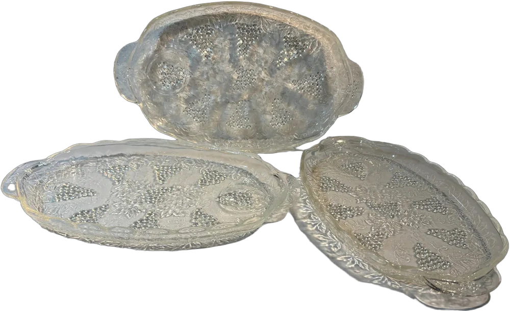 Vintage Platos Para Bocadillos Vidrio Americano Ovalados Transparente Uvas Y Hojas