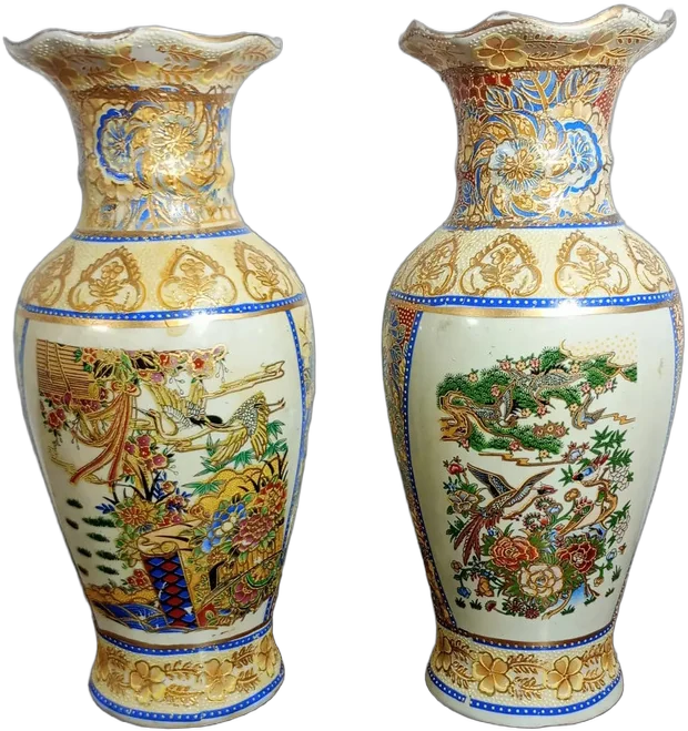 Antiguo Jarrón De Cerámica Estilo Oriental Pintados A Mano Beige Paisajes — imagen 1