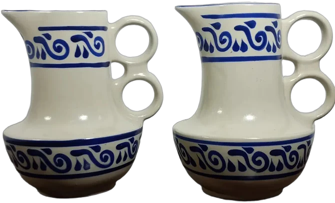 Antiguas Jarras De Cerámica Cairem Motivos Azul Cobalto Beige