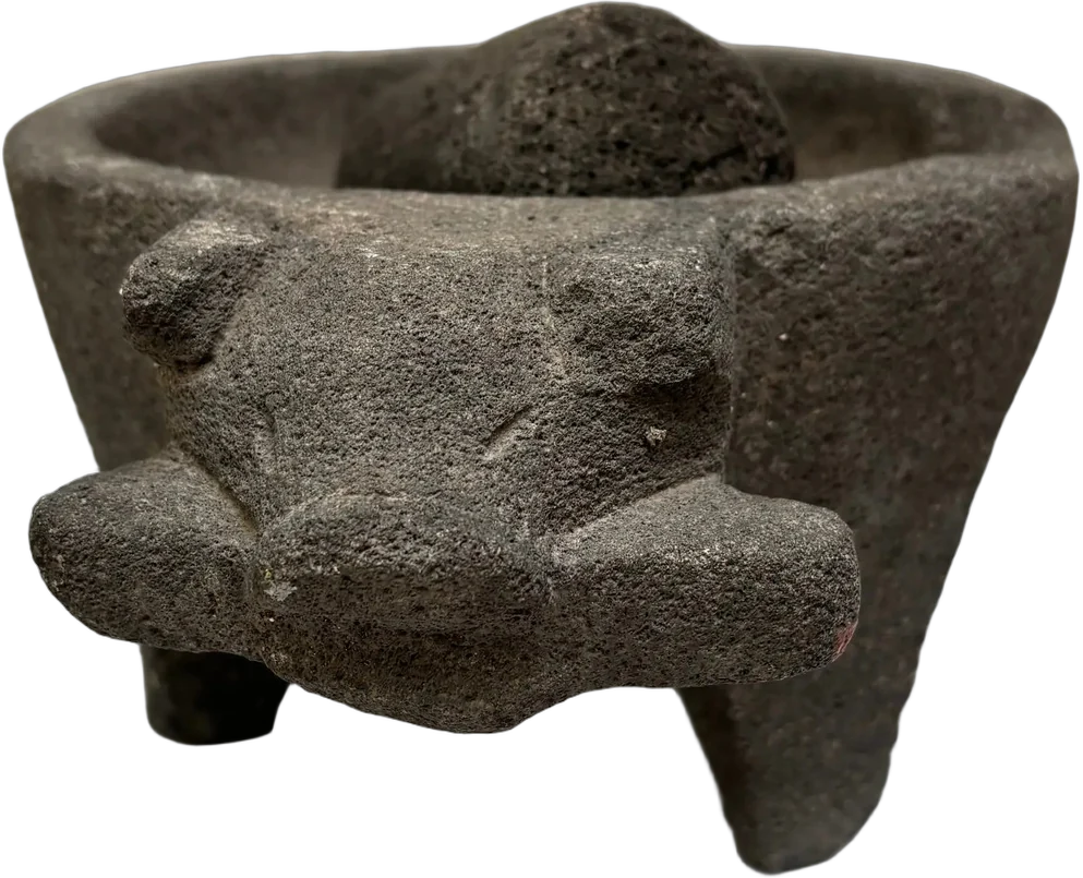 Antiguo Molcajete Piedra Cabeza Cochino Y Mazorca Gris Oscuro