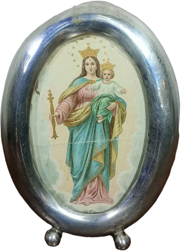 Portarretrato Religioso Antiguo Virgen María Auxiliadora Plateado Virgen