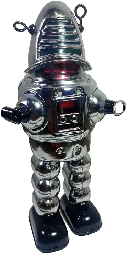 Robot De Hojalata Cromado Vintage A Cuerda 23 Cm Robby Plateado