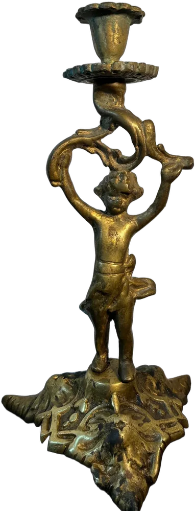 Antiguo Porta Velas Querubín Neoclásico Victoriano Bronce Dorado Oscuro