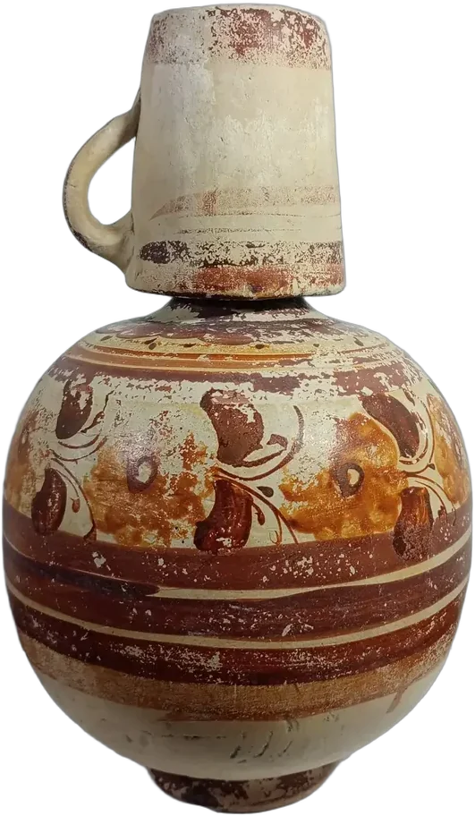 Cántaro Antiguo Barro Pintado Cvaso Alfarería Mexicana 50's Caqui Pintado A Mano Con Motivos Florales Y Franjas — imagen 1