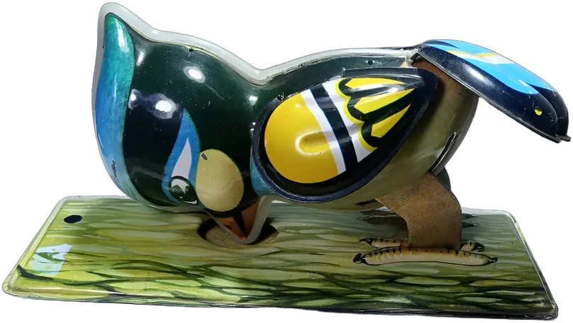 Juguete Hojalata Vintage Pájaro Picoteador Años 60 Azul Acero