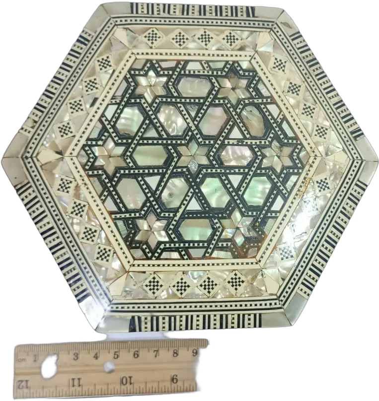 Caja Hexagonal Nácar Y Madera Marquetería Árabe Bordó