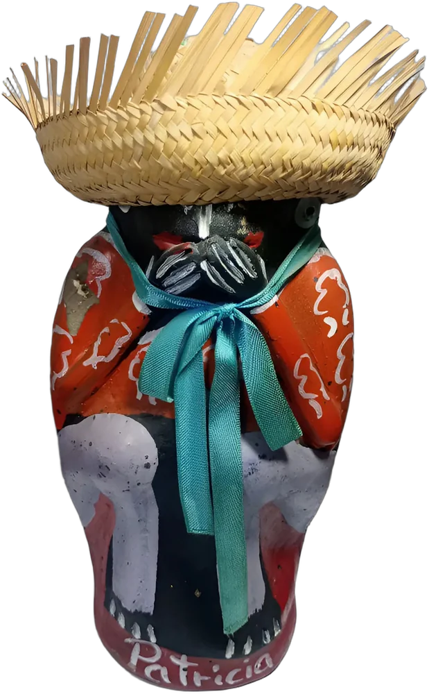 Vintage Figura Campesino Barro Sombrero Palma Azul Acero