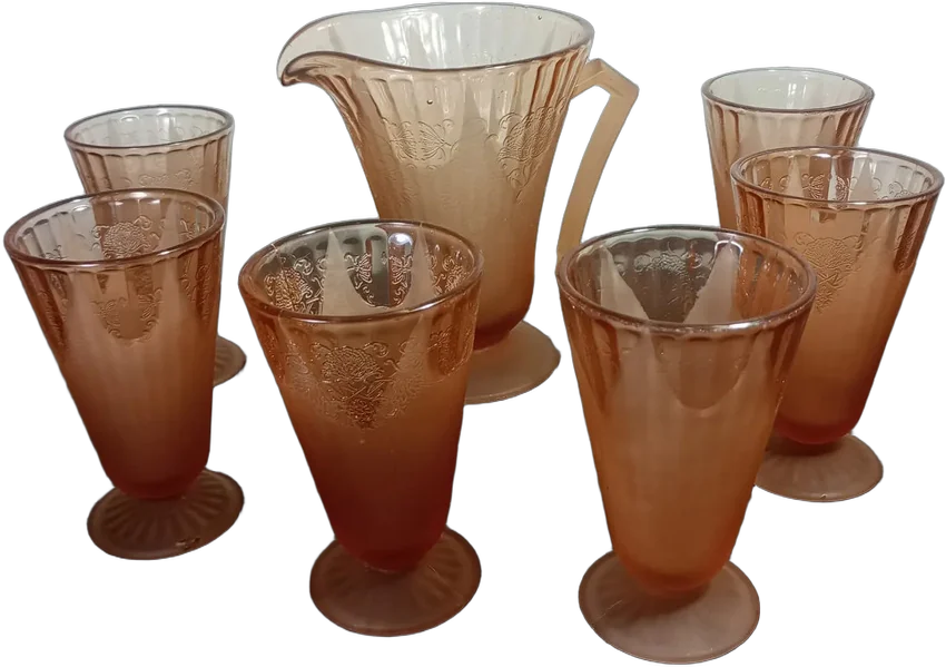 Antiguo Juego De Vidrio Rosa Art Deco Jarra Y 6 Copas