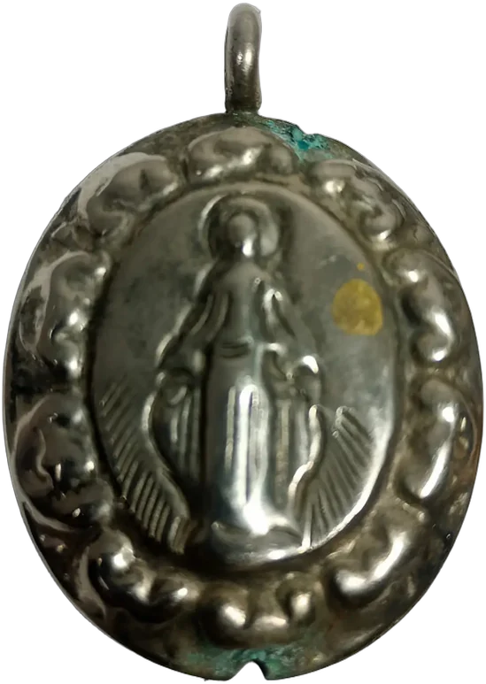 Antiguo Medallón Religioso Baño De Plata Virgen Y Cruz Plateado