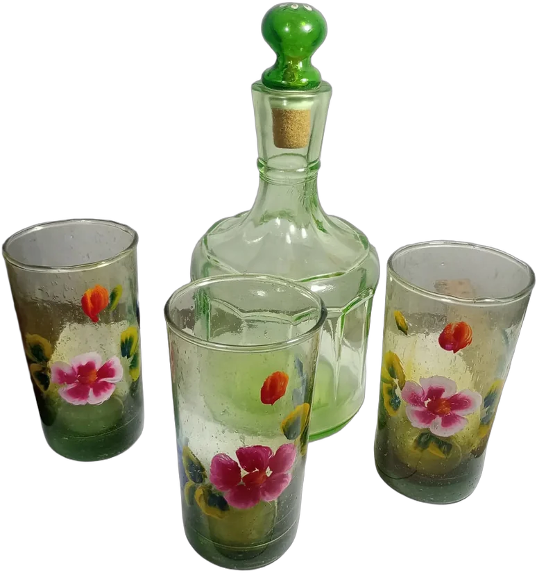 Antiguo Set Licorera Y Vasos Vidrio Soplado Pintado A Mano Agua