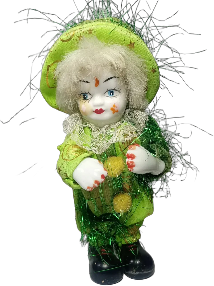 Vintage Muñeca Payaso Porcelana Traje Verde 20 Cm