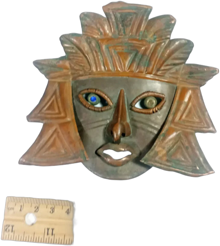 Vintage Máscara Mexicana De Cobre Con Ojos De Vidrio Dorado Oscuro