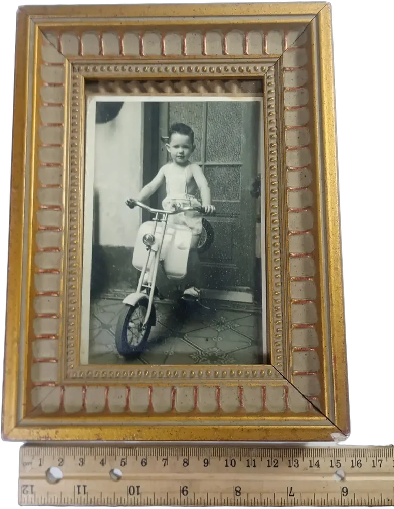 Antiguo Marco Dorado Madera Con Foto Infantil 1950s Amarillo