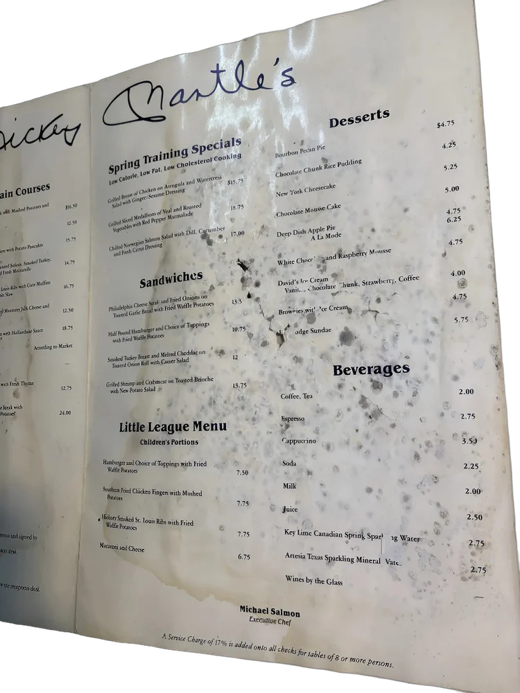 Cartel Beisbol Micky Mantle Nueva York Menu Resturant