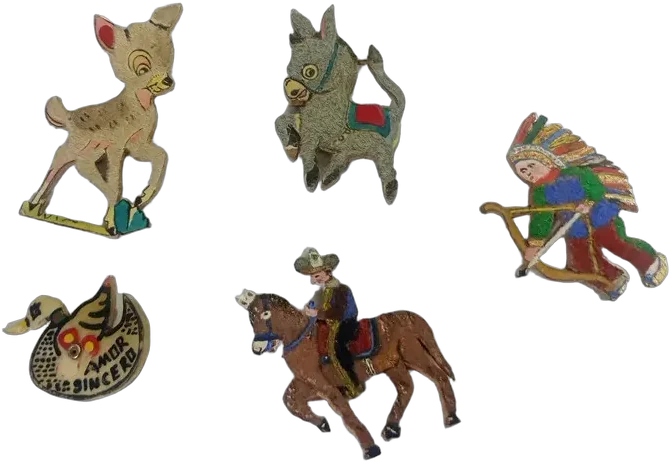Vintage Broches Madera Pintados A Mano Lote 5