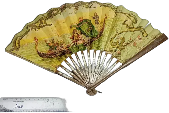 Antiguo Abanico Papel Escena Veneciana Romántica Beige Rayas