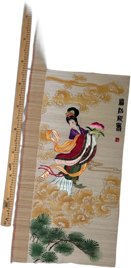 Pergaminos Orientales Bordados A Mano Arte Chino Vintage (2) Dama Celestial Y Dios De La Longevidad