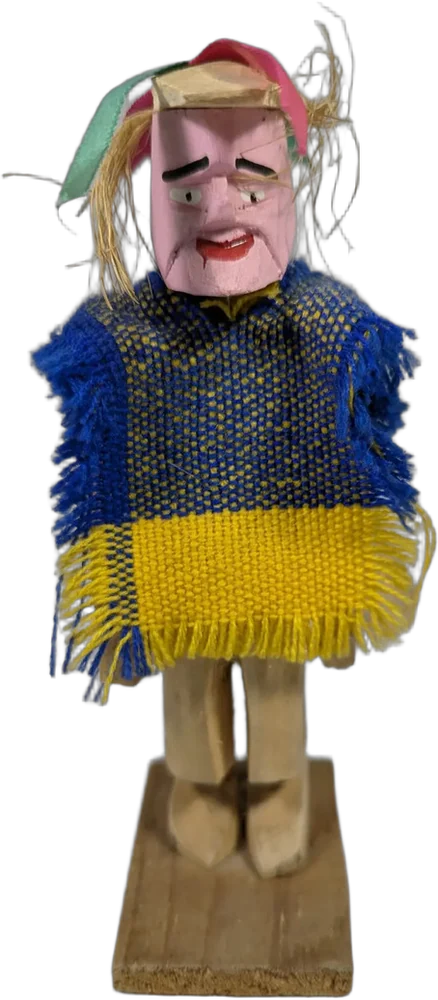 Antiguo Muñeco Mexicano Madera Artesanal Poncho Tejido