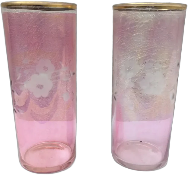 Vintage Par Vasos Vidrio Rosa Iridiscente Floral Y Oro Rosa