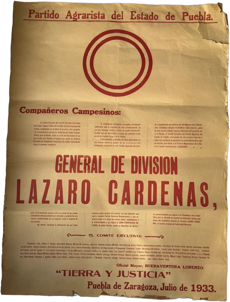 Antiguo Cartel Manifiesto Apoyo Lázaro Cárdenas 1933 Manifiesto Apoyo A L C