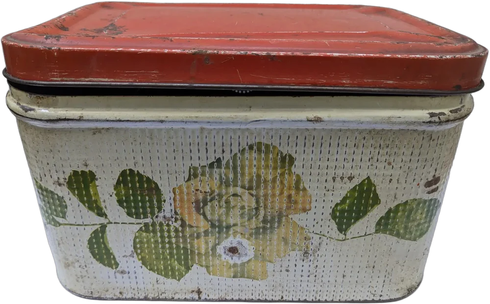 Antigua Caja Panera De Metal Retro Con Decoración Floral Beige Flor