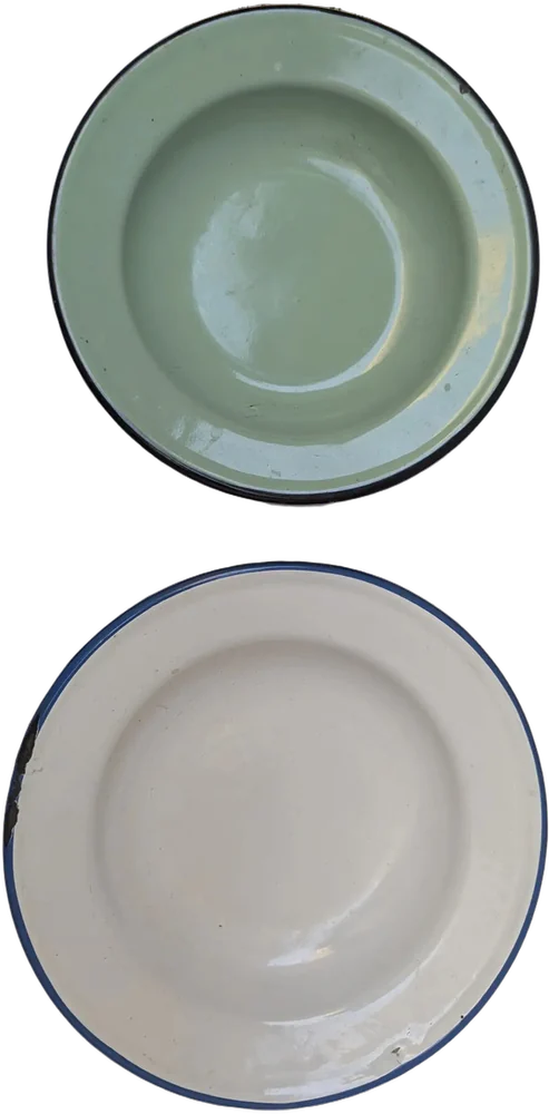 Vintage Platos Hondos De Peltre Rusticos Azul Acero Lisa