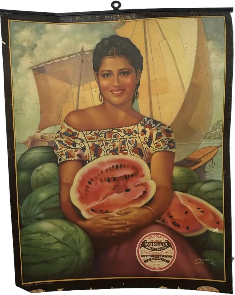 Antiguo Cartel De Calendario Mujer Chocolate Azteca Mujer Con Sandías