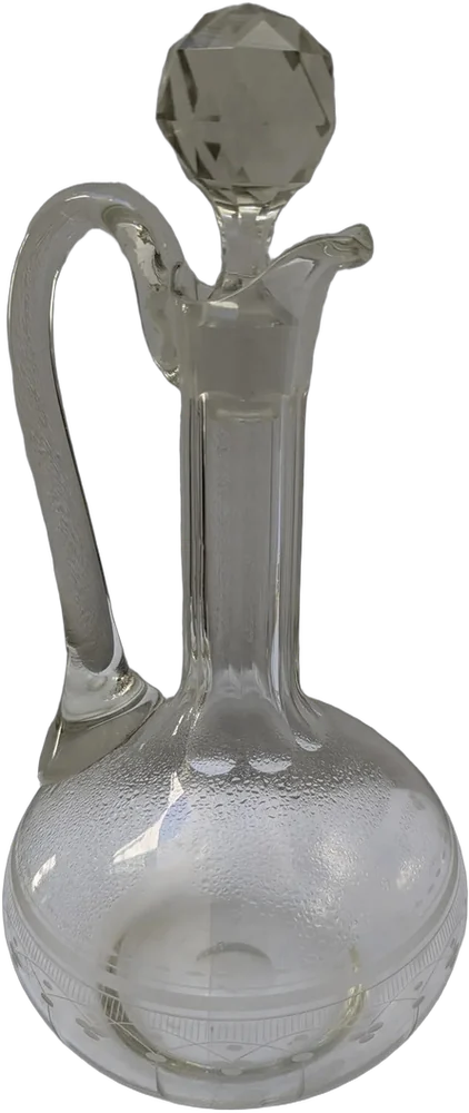 Antiguo Decantador De Vino Con Asa Y Tapón Tallado Agua