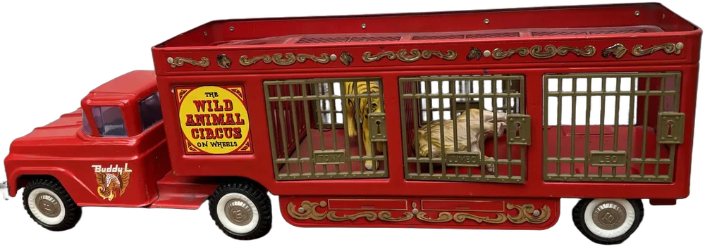 Vintage Camión De Circo De Animales Buddy L. Coleccionable Animales Salvajes Rojo
