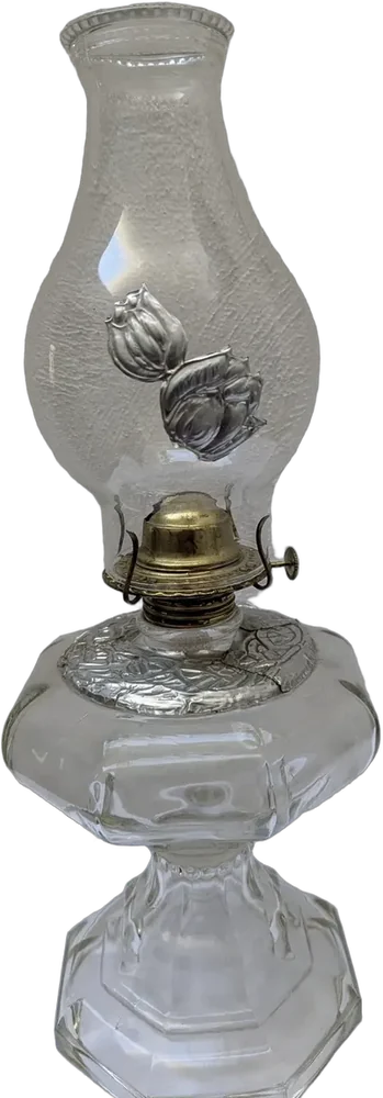 Antiguo Quinqué De Vidrio De Peltre Y Quemador Águila