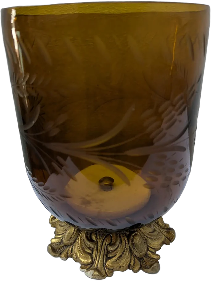 Antiguo Capelo De Cristal Ámbar Con Base De Metal Dorado Oscuro Flores