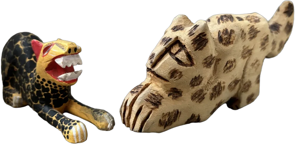 Figuritas Felinos Tallados En Madera Artesanales Decoración Multicolor