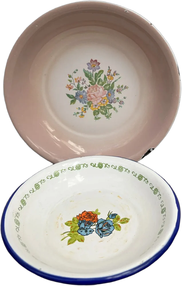Par De Platos De Peltre Antiguos Floreados Multicolor Flores