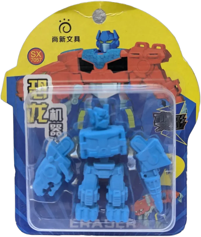 Vintage Goma De Borrar Dinosaur Robot En Blister Azul Acero