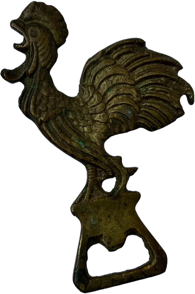 Vintage Destapador Abridor De Botellas Gallo De Latón Dorado Oscuro