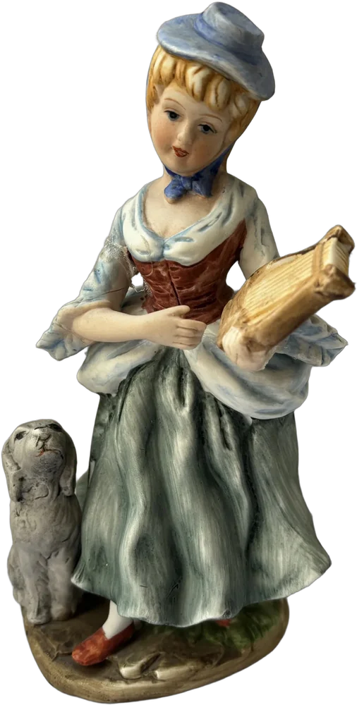Vintage Figura De Porcelana Pastora Con Perro Y Arpa Multicolor