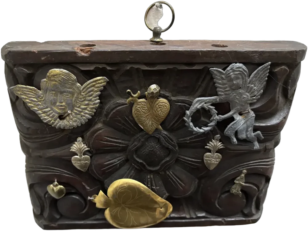 Antiguo Cuadro Tallado De Madera Para Milagritos Religiosos Marrón Oscuro Religioso