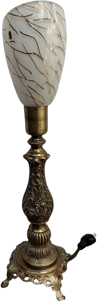 Lámpara Antigua De Sobremesa Pie Metal Y Tulipa De Cristal Dorado Oscuro Blanco
