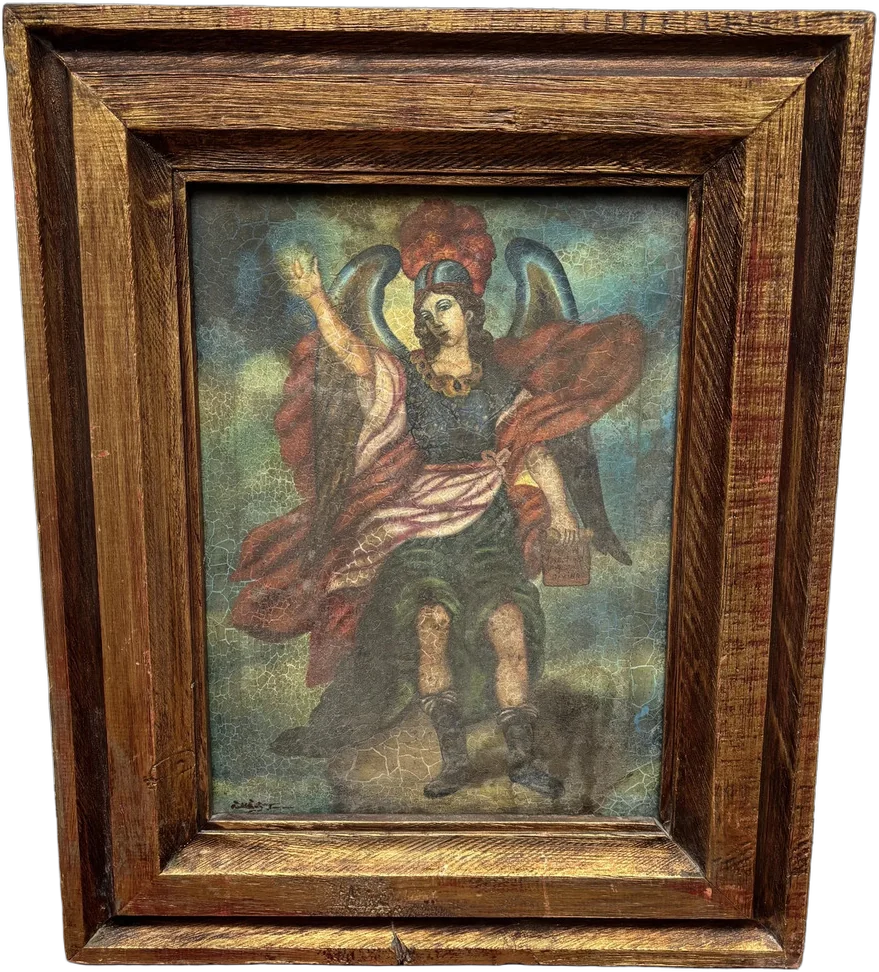 Vintage Cuadro Uriel Arcángel Óleo Marco Madera Policromado Marrón Claro